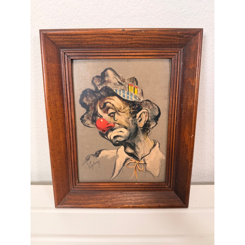 Vintage Cydney Sad Clown Framed Lithograph Print Mid Century Modern Circus Art